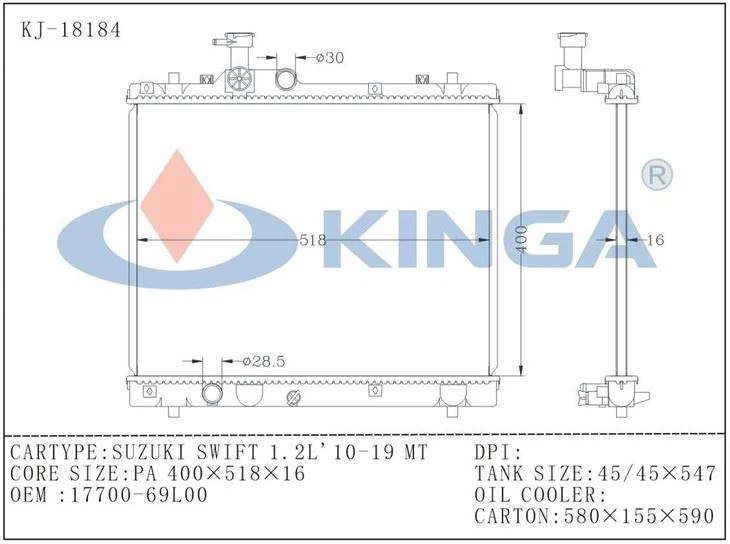 Kinga Radiators For Car Radiators For SUZUKI SWIFT 1.2L’ 10-19 MT